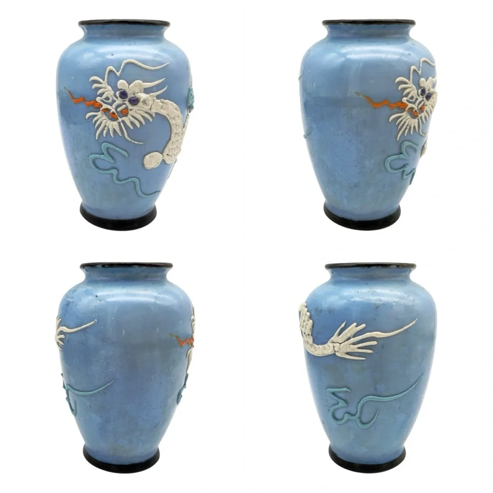 Vintage Moriage Dragonware Vases Pair Japan Green Spaghetti Slip Blue Set of 2 - Picture 3 of 10